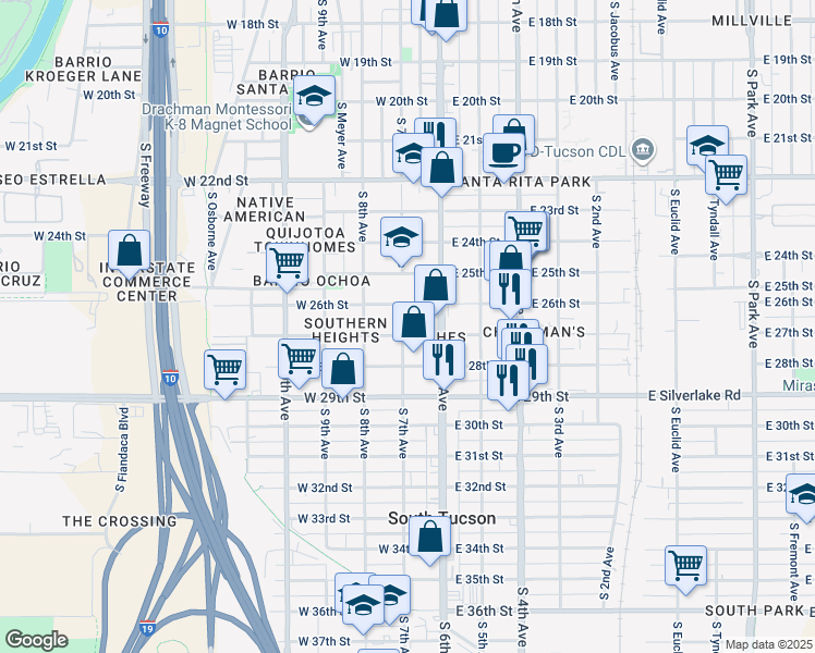 map of restaurants, bars, coffee shops, grocery stores, and more near 108 West 27th Street in Tucson