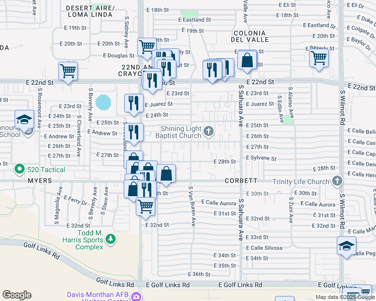 map of restaurants, bars, coffee shops, grocery stores, and more near 1616 South Van Buren Avenue in Tucson