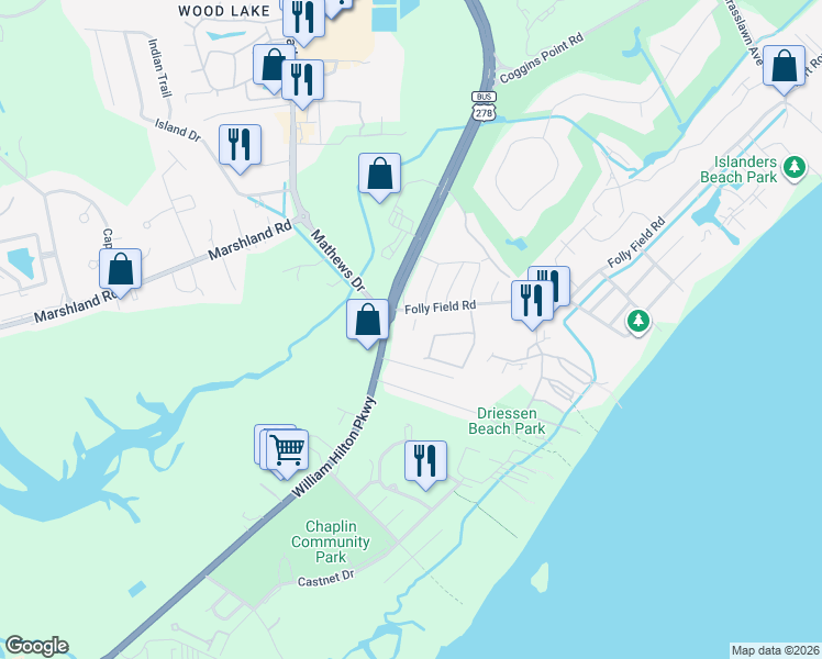 map of restaurants, bars, coffee shops, grocery stores, and more near 22 Folly Field Road in Hilton Head Island