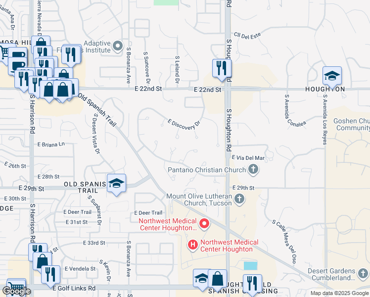 map of restaurants, bars, coffee shops, grocery stores, and more near 1630 South Barbados Place in Tucson