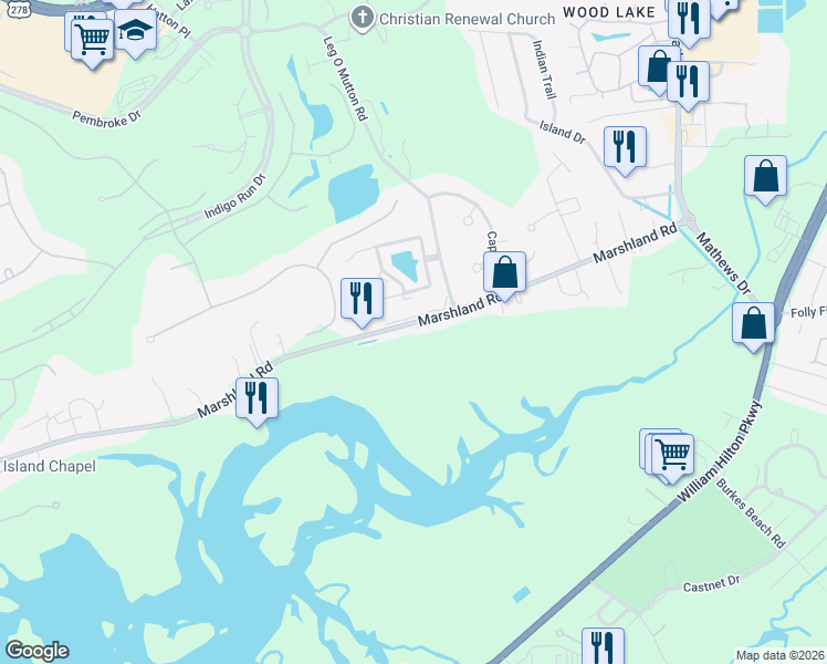 map of restaurants, bars, coffee shops, grocery stores, and more near 61 Marshland Road in Hilton Head Island