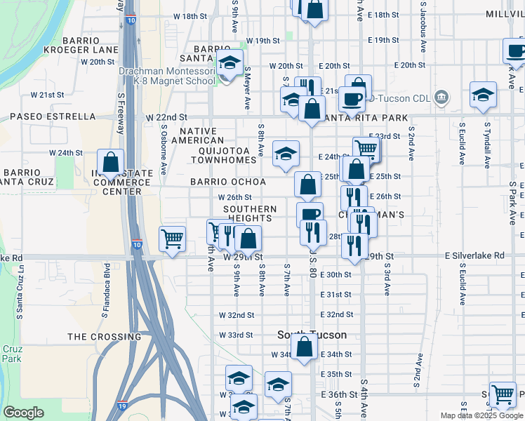 map of restaurants, bars, coffee shops, grocery stores, and more near 1629 South 8th Avenue in Tucson
