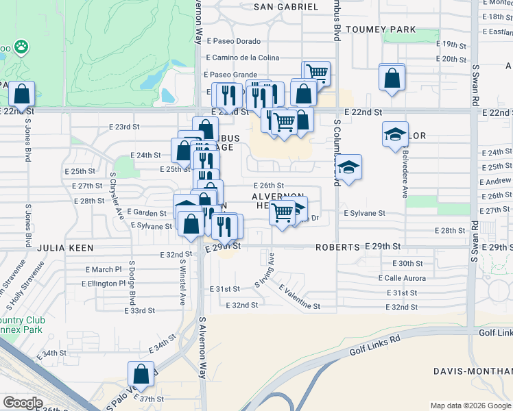 map of restaurants, bars, coffee shops, grocery stores, and more near 4020 East 27th Street in Tucson