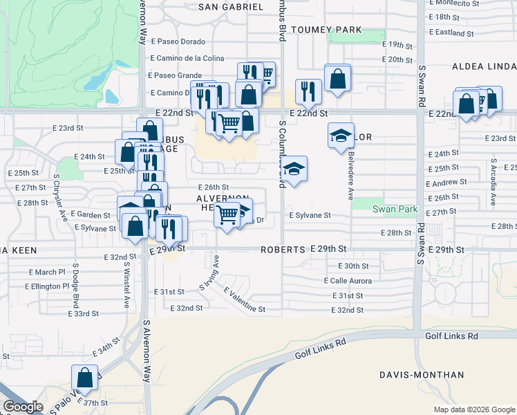 map of restaurants, bars, coffee shops, grocery stores, and more near 4214 East 27th Street in Tucson