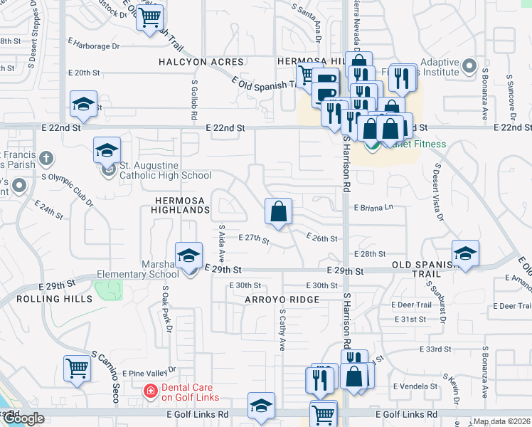 map of restaurants, bars, coffee shops, grocery stores, and more near 9262 East Palm Tree Drive in Tucson