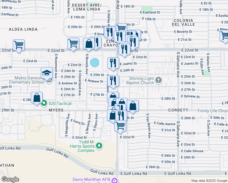 map of restaurants, bars, coffee shops, grocery stores, and more near in Tucson