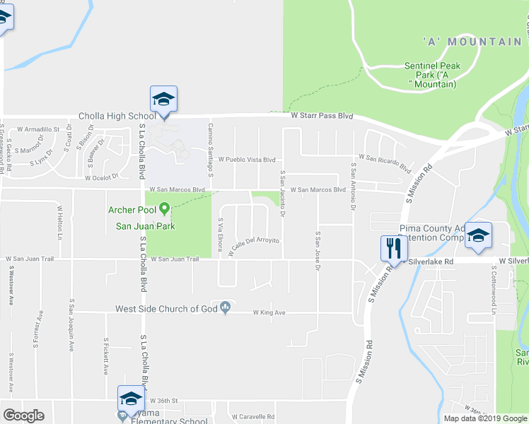 map of restaurants, bars, coffee shops, grocery stores, and more near 1610 South Vía Hondo in Tucson