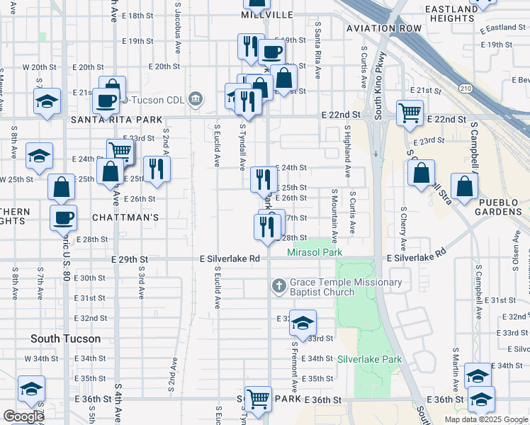 map of restaurants, bars, coffee shops, grocery stores, and more near 1630 S Park Ave in Tucson