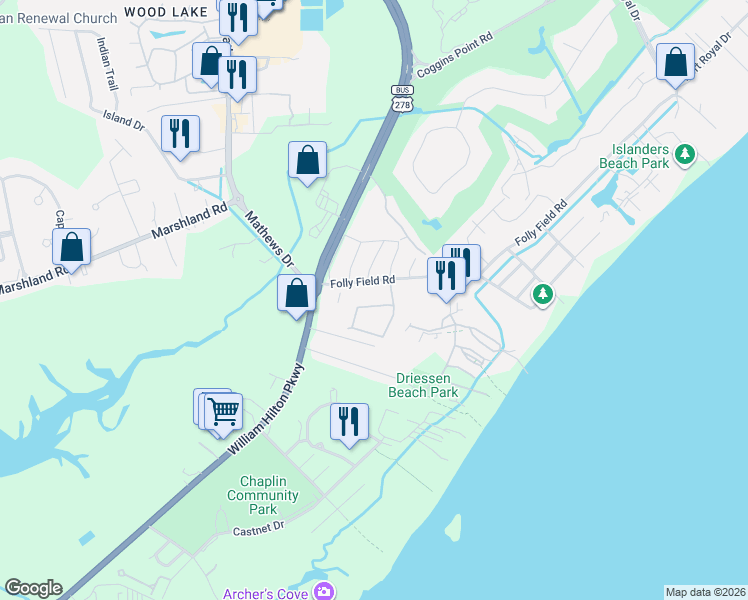map of restaurants, bars, coffee shops, grocery stores, and more near 109 Sandcastle Court in Hilton Head Island