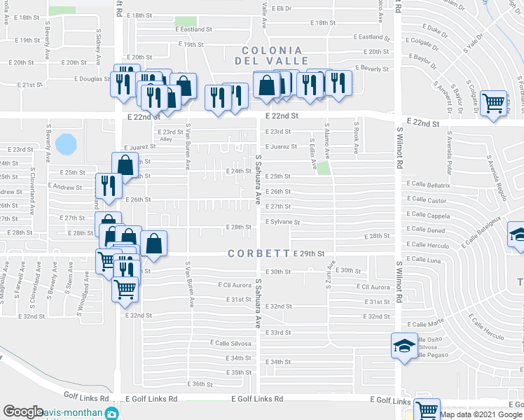 map of restaurants, bars, coffee shops, grocery stores, and more near 5902 East 27th Street in Tucson
