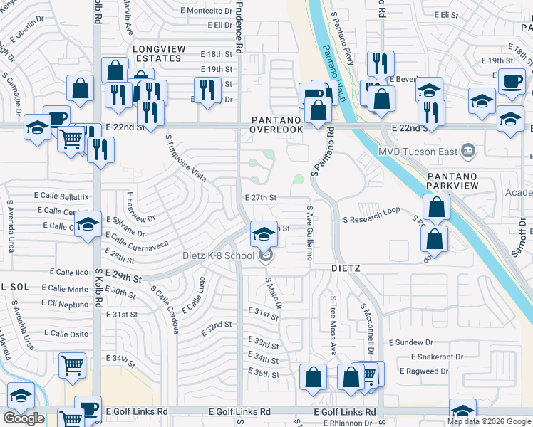 map of restaurants, bars, coffee shops, grocery stores, and more near 7557 East 29th Street in Tucson