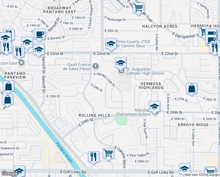 map of restaurants, bars, coffee shops, grocery stores, and more near 1602 South Olympic Club Drive in Tucson