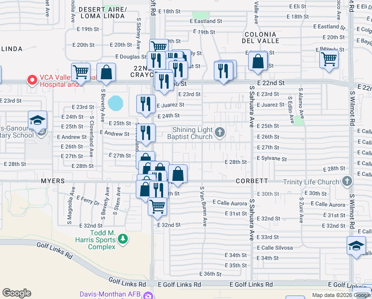 map of restaurants, bars, coffee shops, grocery stores, and more near 5626 East 26th Street in Tucson