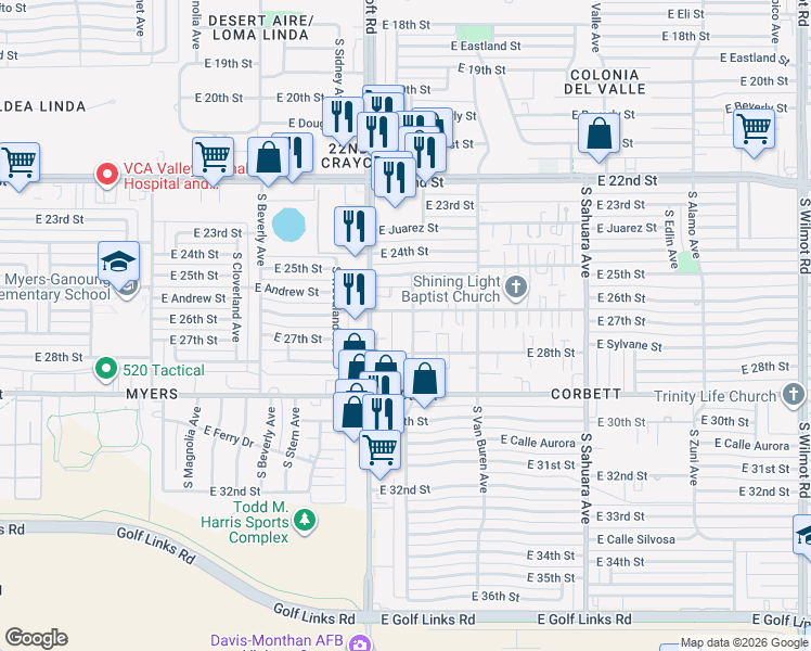 map of restaurants, bars, coffee shops, grocery stores, and more near 5550 East 26th Street in Tucson