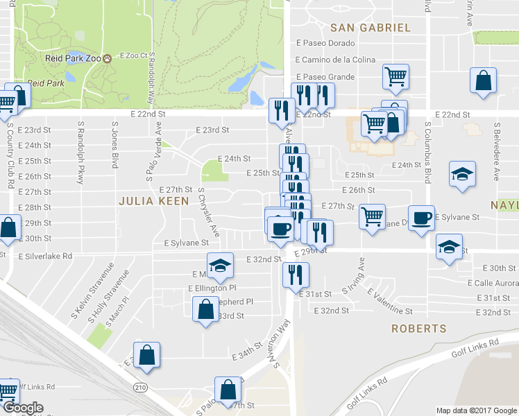 map of restaurants, bars, coffee shops, grocery stores, and more near 3760 East 27th Place in Tucson