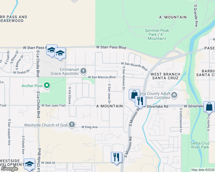 map of restaurants, bars, coffee shops, grocery stores, and more near 1630 South San Jose Drive in Tucson
