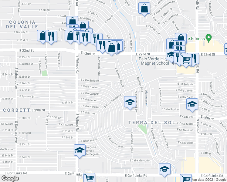 map of restaurants, bars, coffee shops, grocery stores, and more near 6451 East Calle Castor in Tucson