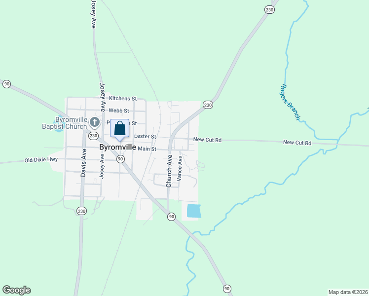 map of restaurants, bars, coffee shops, grocery stores, and more near 232 Main Street in Byromville