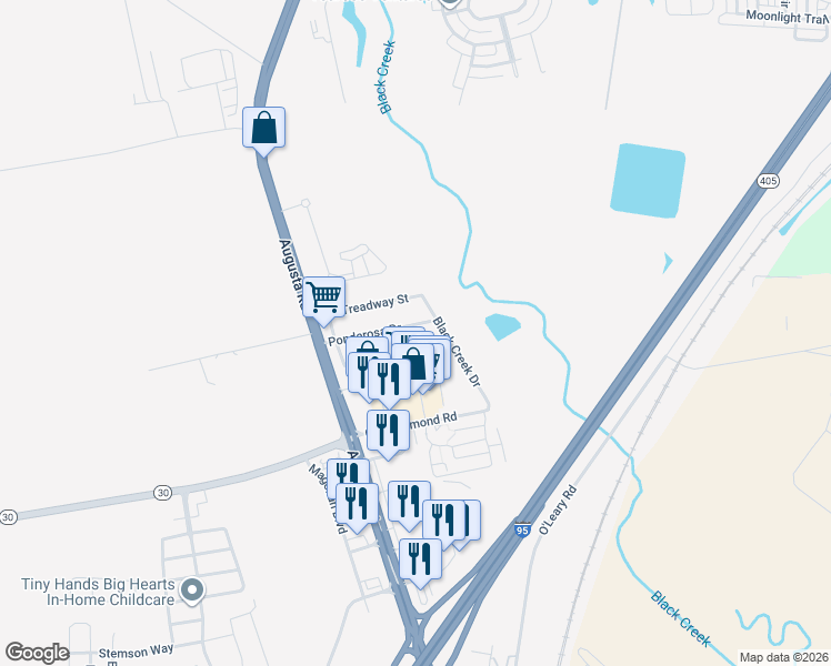 map of restaurants, bars, coffee shops, grocery stores, and more near 19 Ponderosa Drive in Savannah