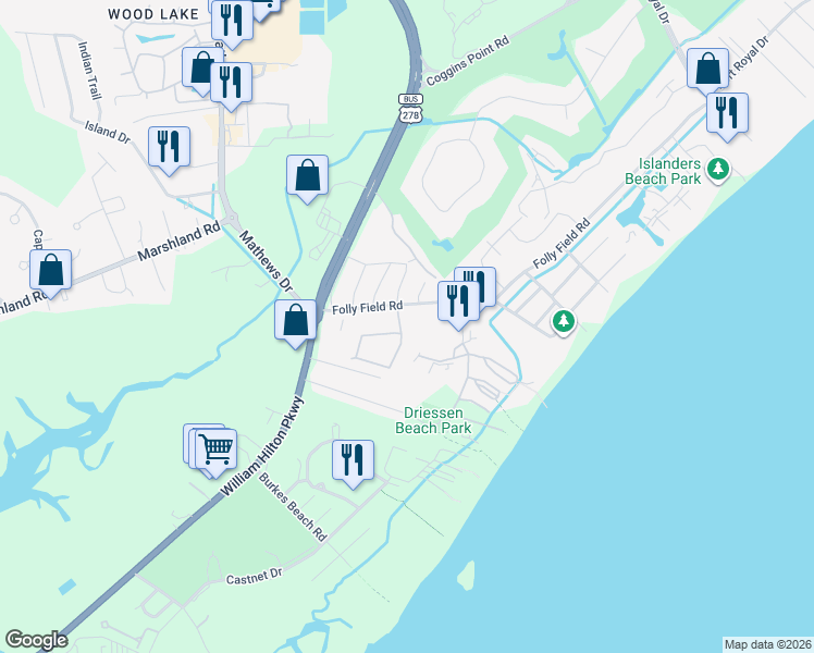 map of restaurants, bars, coffee shops, grocery stores, and more near 17 Sandcastle Court in Hilton Head Island