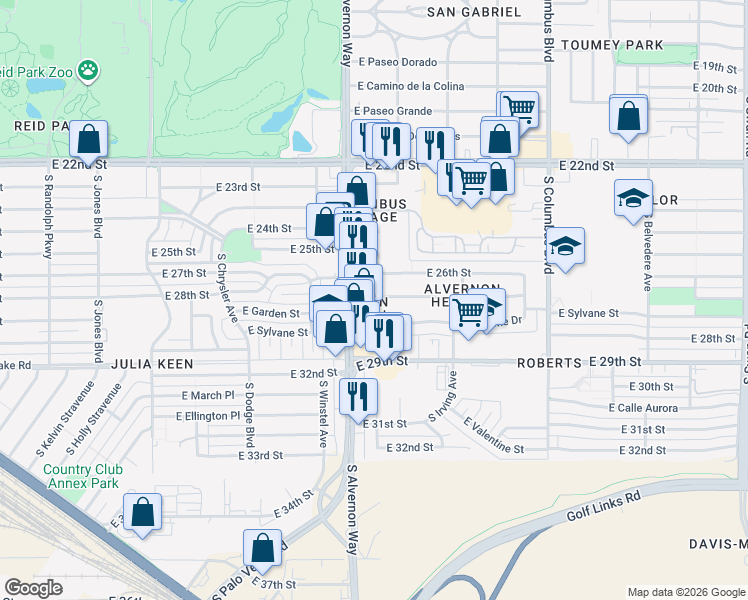 map of restaurants, bars, coffee shops, grocery stores, and more near 1611 South Montezuma Avenue in Tucson
