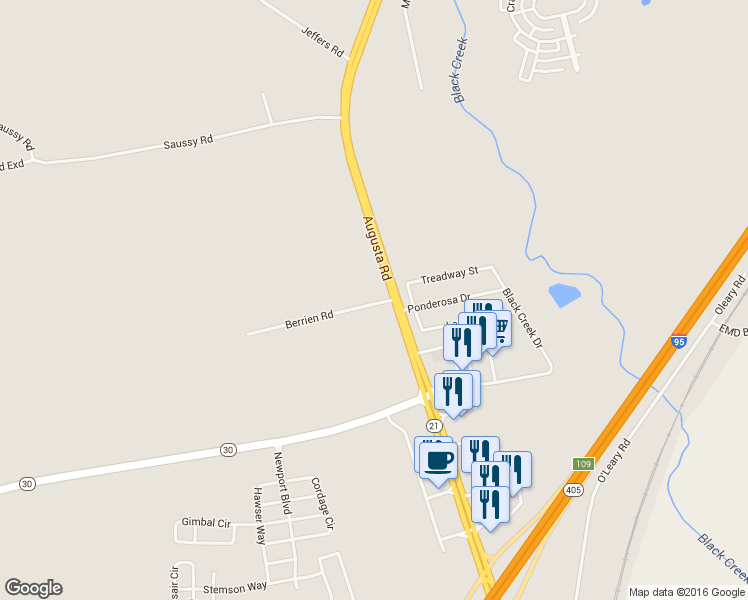 map of restaurants, bars, coffee shops, grocery stores, and more near 104 Berrien Road in Savannah