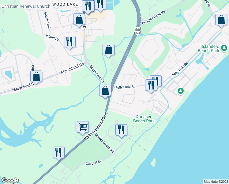 map of restaurants, bars, coffee shops, grocery stores, and more near 22 Folly Field Road in Hilton Head Island