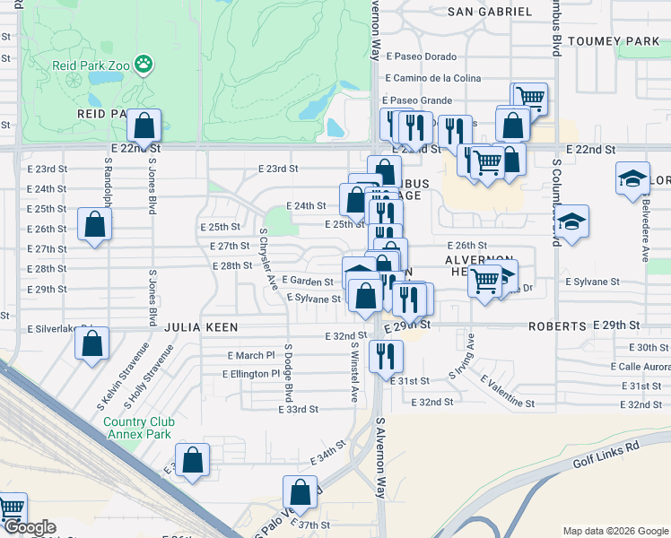 map of restaurants, bars, coffee shops, grocery stores, and more near 3760 East 27th Place in Tucson