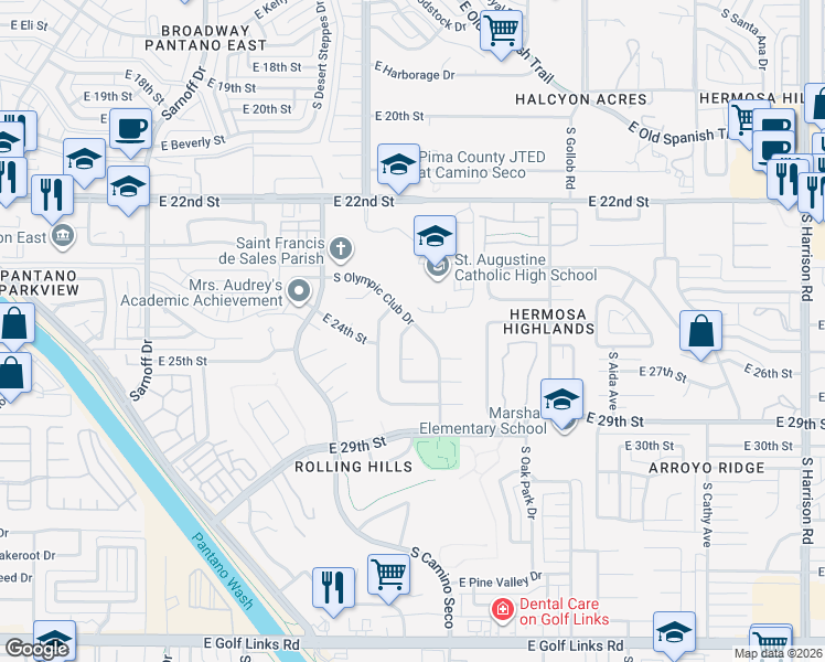map of restaurants, bars, coffee shops, grocery stores, and more near 1602 South Olympic Club Drive in Tucson