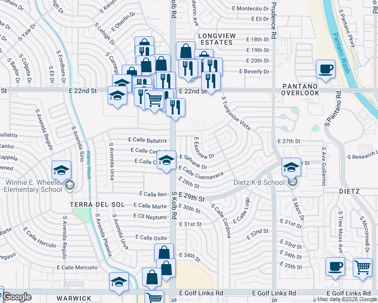 map of restaurants, bars, coffee shops, grocery stores, and more near 1555 South Marvin Avenue in Tucson