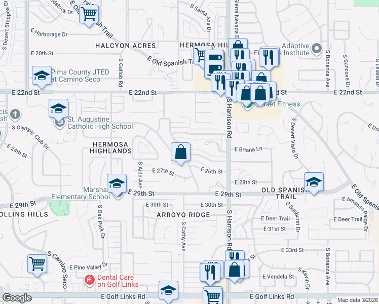 map of restaurants, bars, coffee shops, grocery stores, and more near 9331 East Palm Tree Drive in Tucson