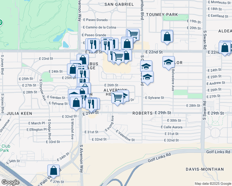 map of restaurants, bars, coffee shops, grocery stores, and more near 4114 East 27th Street in Tucson