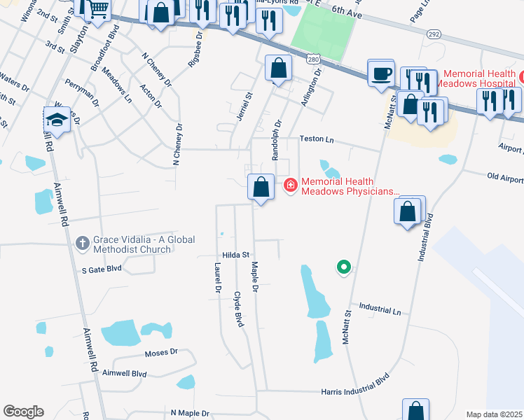 map of restaurants, bars, coffee shops, grocery stores, and more near 700 Maple Drive in Vidalia