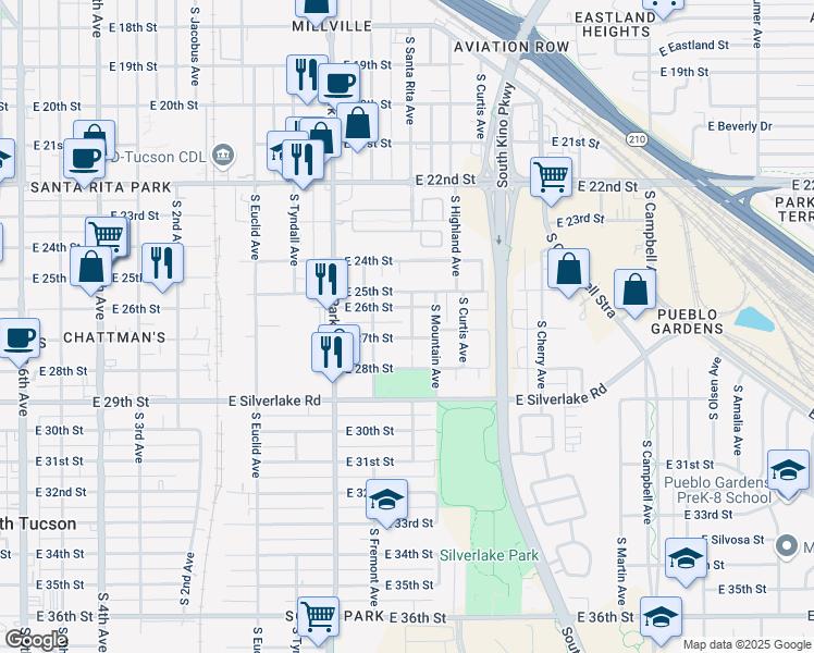 map of restaurants, bars, coffee shops, grocery stores, and more near 1620 South Santa Rita Avenue in Tucson