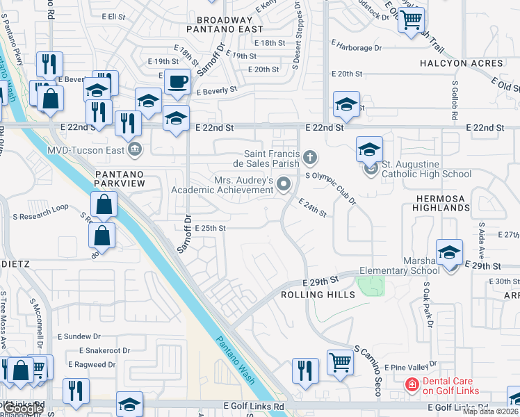 map of restaurants, bars, coffee shops, grocery stores, and more near 1616 South Augusta Place in Tucson