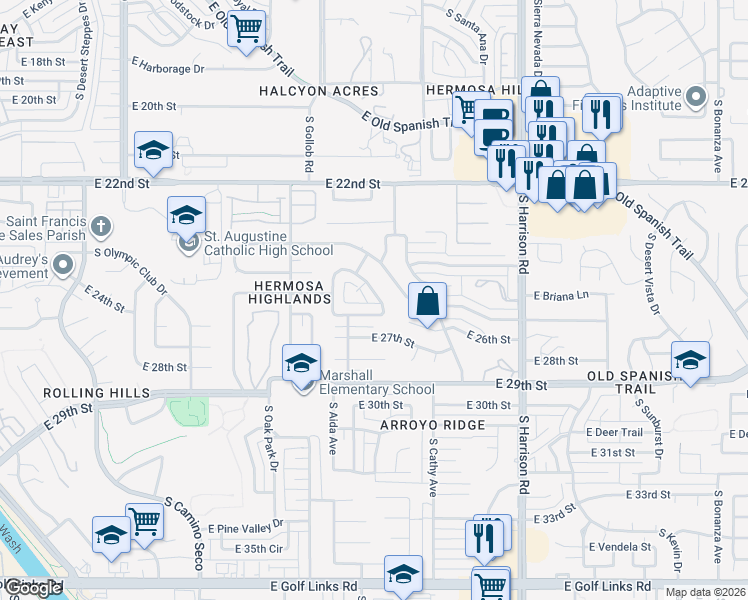 map of restaurants, bars, coffee shops, grocery stores, and more near 1566 South Brown Avenue in Tucson