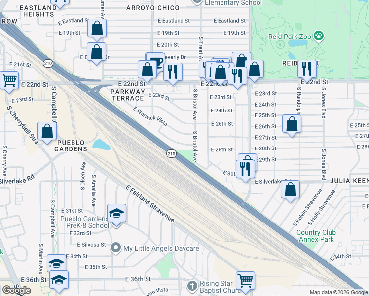 map of restaurants, bars, coffee shops, grocery stores, and more near 2712 East Keswick Circle in Tucson