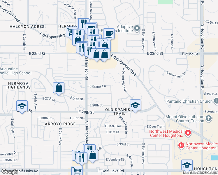 map of restaurants, bars, coffee shops, grocery stores, and more near 9646 East Briana Lane in Tucson