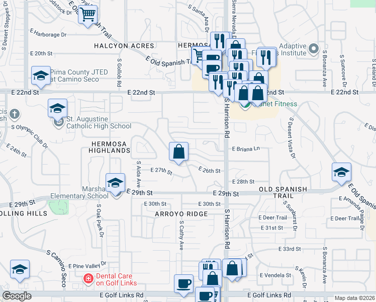 map of restaurants, bars, coffee shops, grocery stores, and more near 9331 East Palm Tree Drive in Tucson
