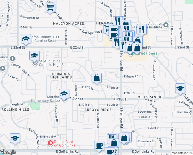map of restaurants, bars, coffee shops, grocery stores, and more near 9262 East Palm Tree Drive in Tucson