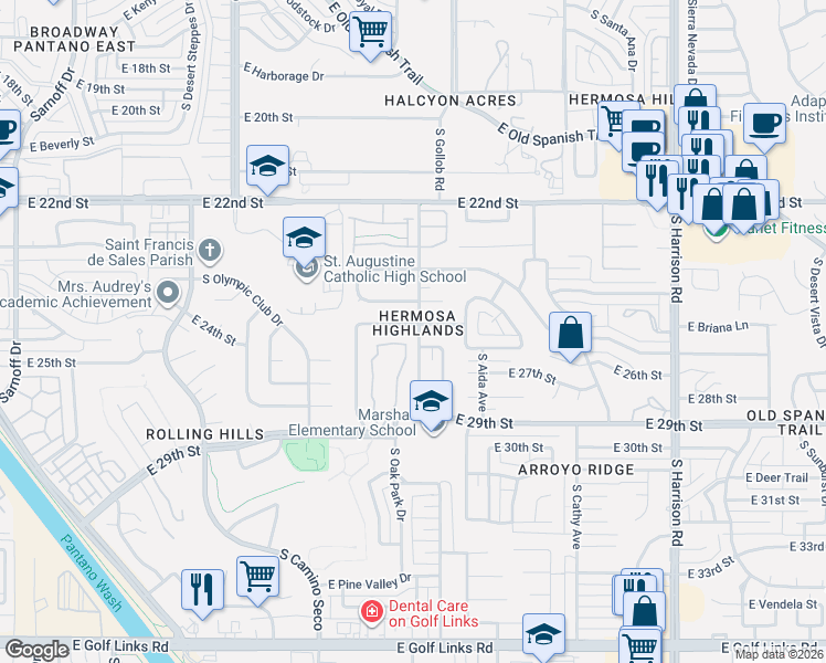 map of restaurants, bars, coffee shops, grocery stores, and more near 9002 East 25th Street in Tucson