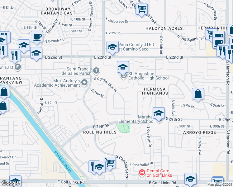 map of restaurants, bars, coffee shops, grocery stores, and more near 1602 South Olympic Club Drive in Tucson