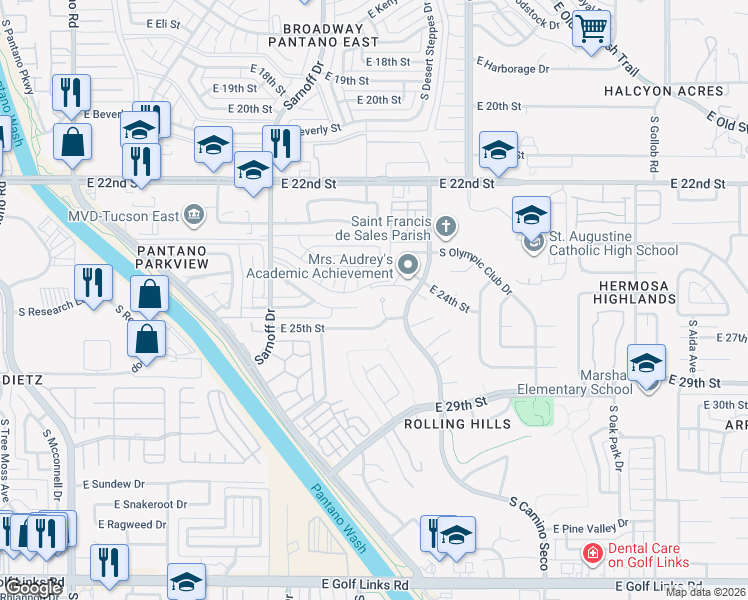 map of restaurants, bars, coffee shops, grocery stores, and more near 1616 South Augusta Place in Tucson