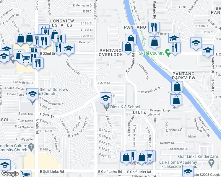map of restaurants, bars, coffee shops, grocery stores, and more near 7557 East 29th Street in Tucson