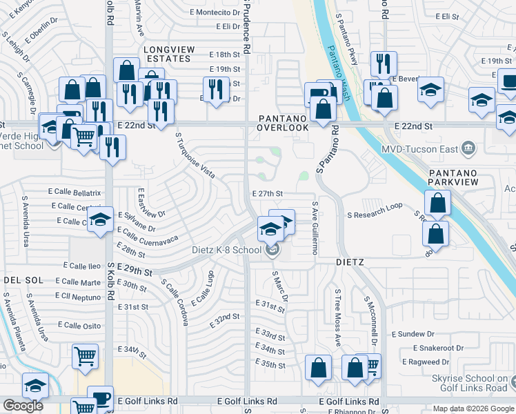 map of restaurants, bars, coffee shops, grocery stores, and more near 1601 South Prudence Road in Tucson