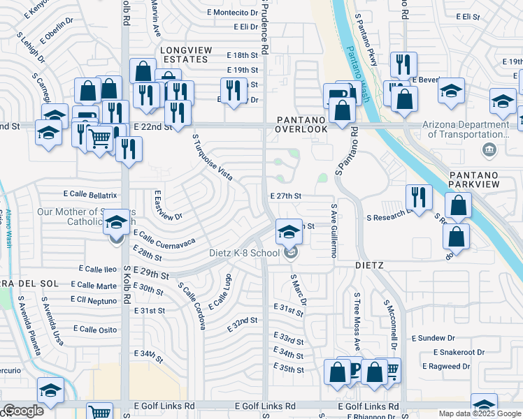 map of restaurants, bars, coffee shops, grocery stores, and more near 1601 South Prudence Road in Tucson