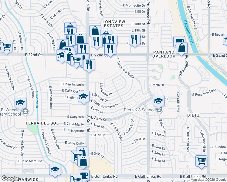 map of restaurants, bars, coffee shops, grocery stores, and more near 7234 East Manana Grande Place in Tucson