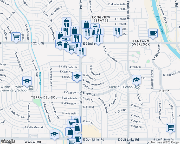 map of restaurants, bars, coffee shops, grocery stores, and more near 1555 South Marvin Avenue in Tucson