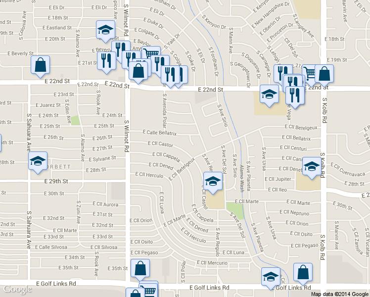 map of restaurants, bars, coffee shops, grocery stores, and more near 6451 East Calle Castor in Tucson