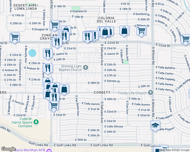 map of restaurants, bars, coffee shops, grocery stores, and more near 5820 East 26th Street in Tucson